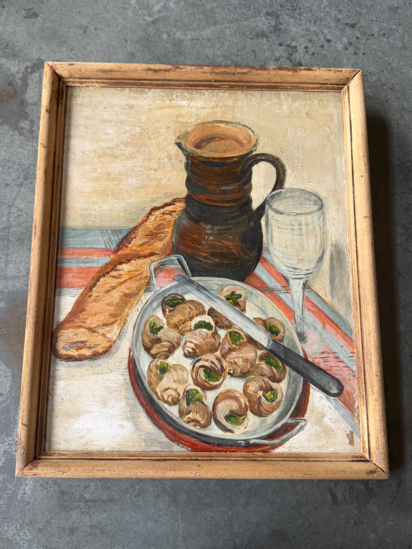 French 1960s Oil on Board, Painting of Escargot