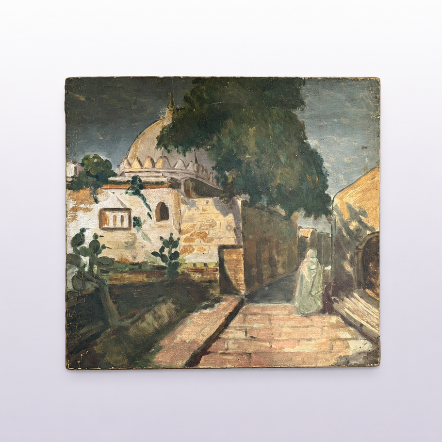 Painting of a architectural structure with trees and people on a gray surface