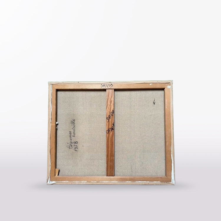 The back view of a framed canvas print, showing the wooden frame, canvas backing, and support structure against a light gray background.