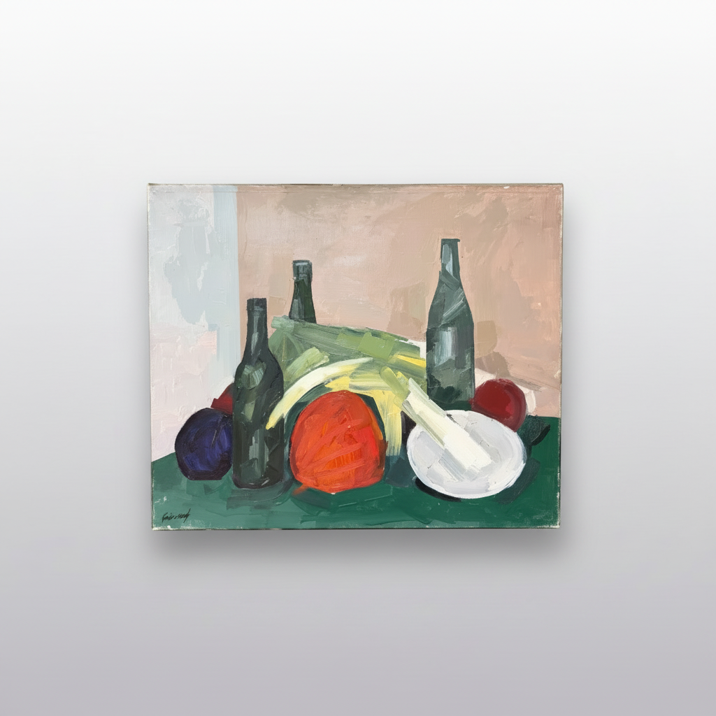 Painting of still life with bottles and vegetables on a textured wall.