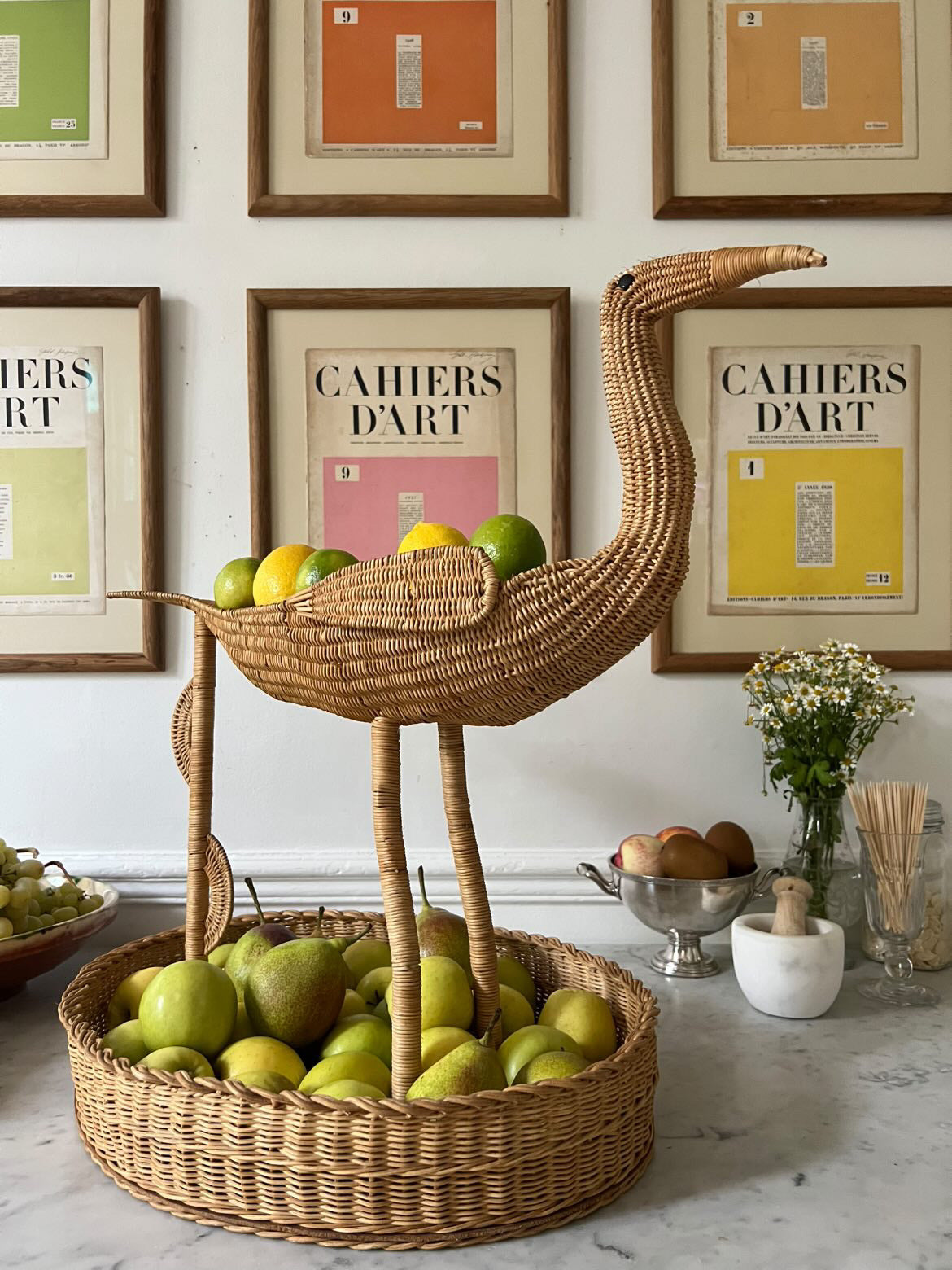 Handmade French 1960s Rattan Bird Fruit Basket