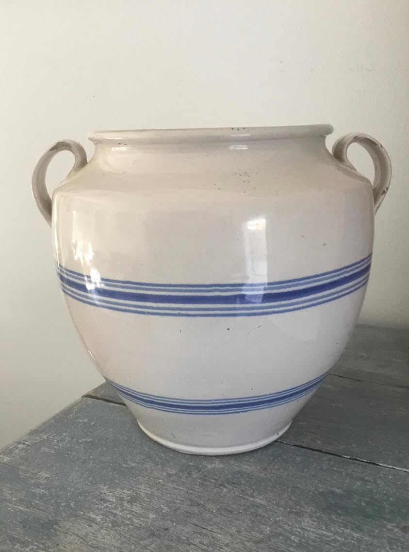 French Early 1900s White Confit Jar w/ Thin Blue Striping