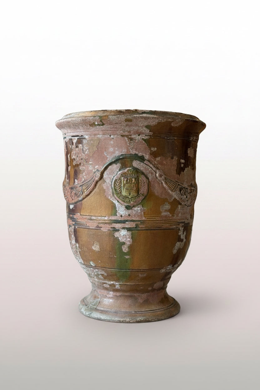 1800s French Glazed Terracotta Anduze Planter with Crest Medallions