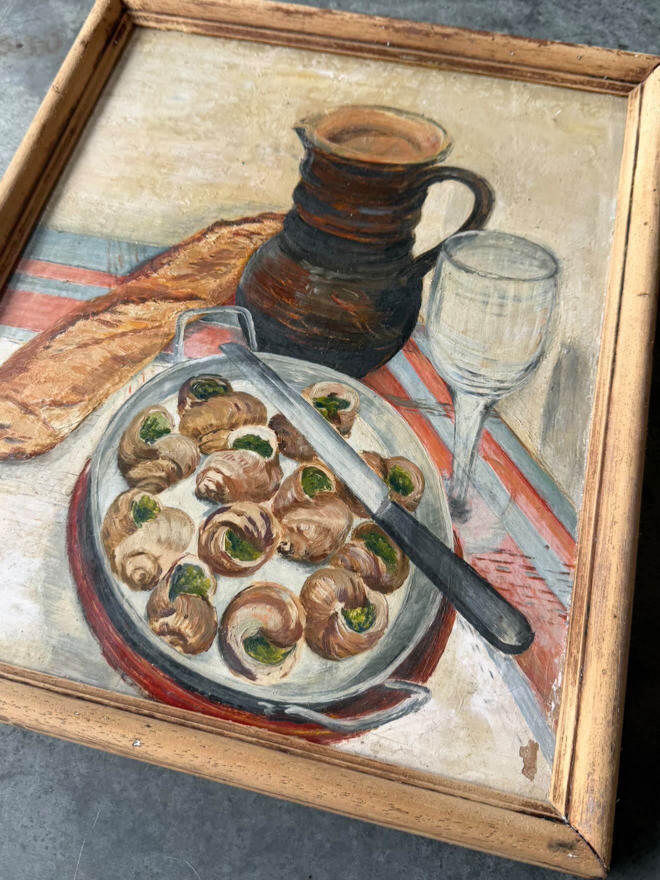 French 1960s Oil on Board, Painting of Escargot