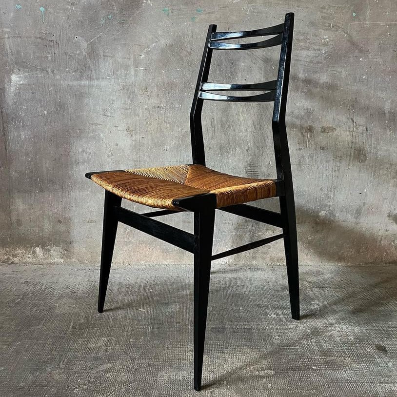 Pair of Alfred Hendrix Black Lacquer Dining Chairs with Rush Seats