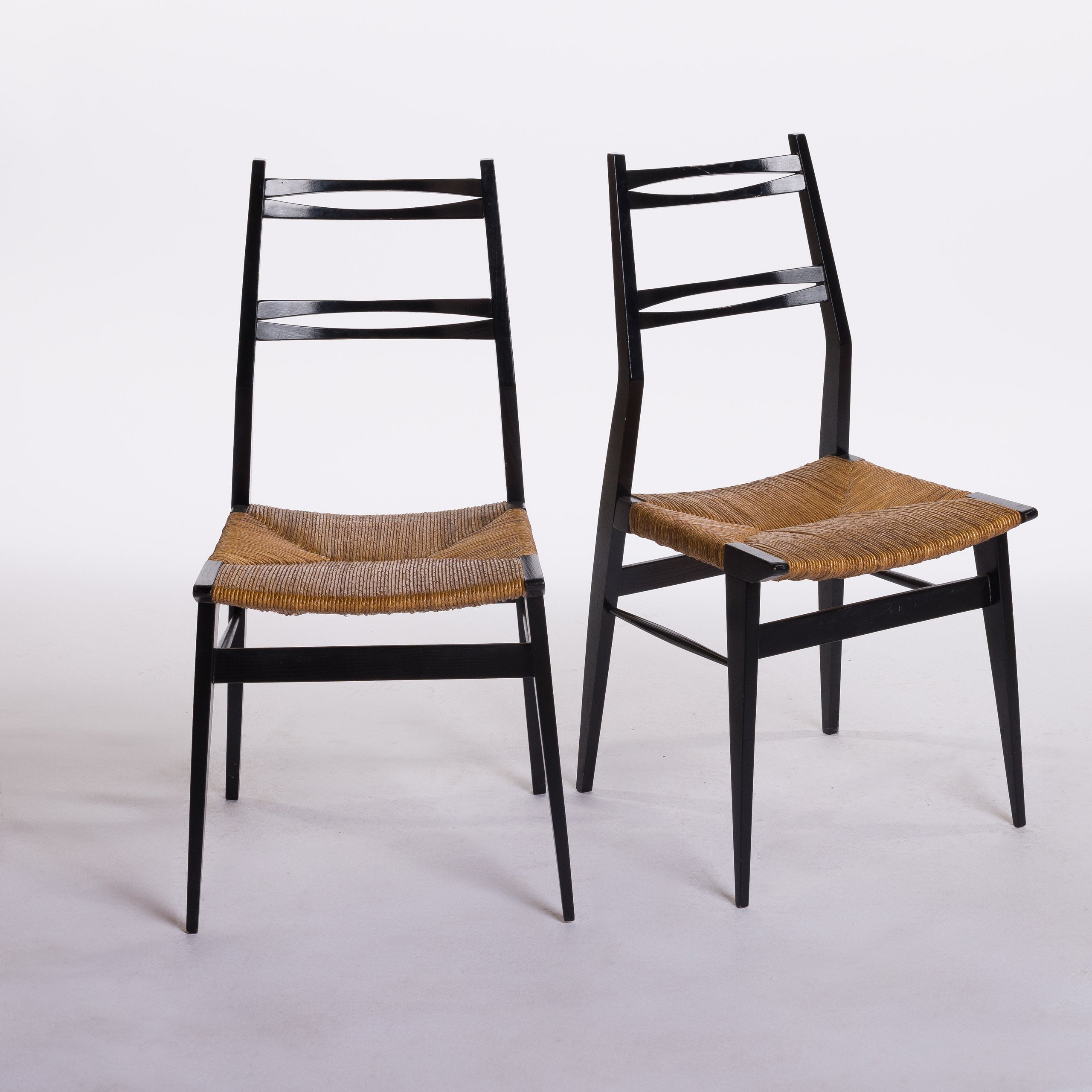 Pair of Alfred Hendrix Black Lacquer Dining Chairs with Rush Seats