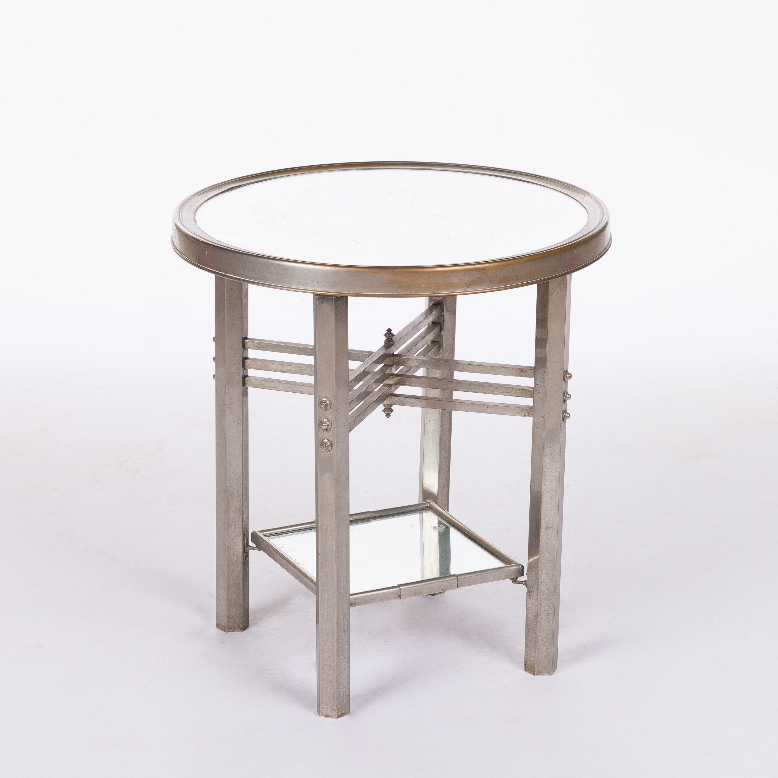 Modernist Nickel Gueridon with Mirrored Top and Shelf