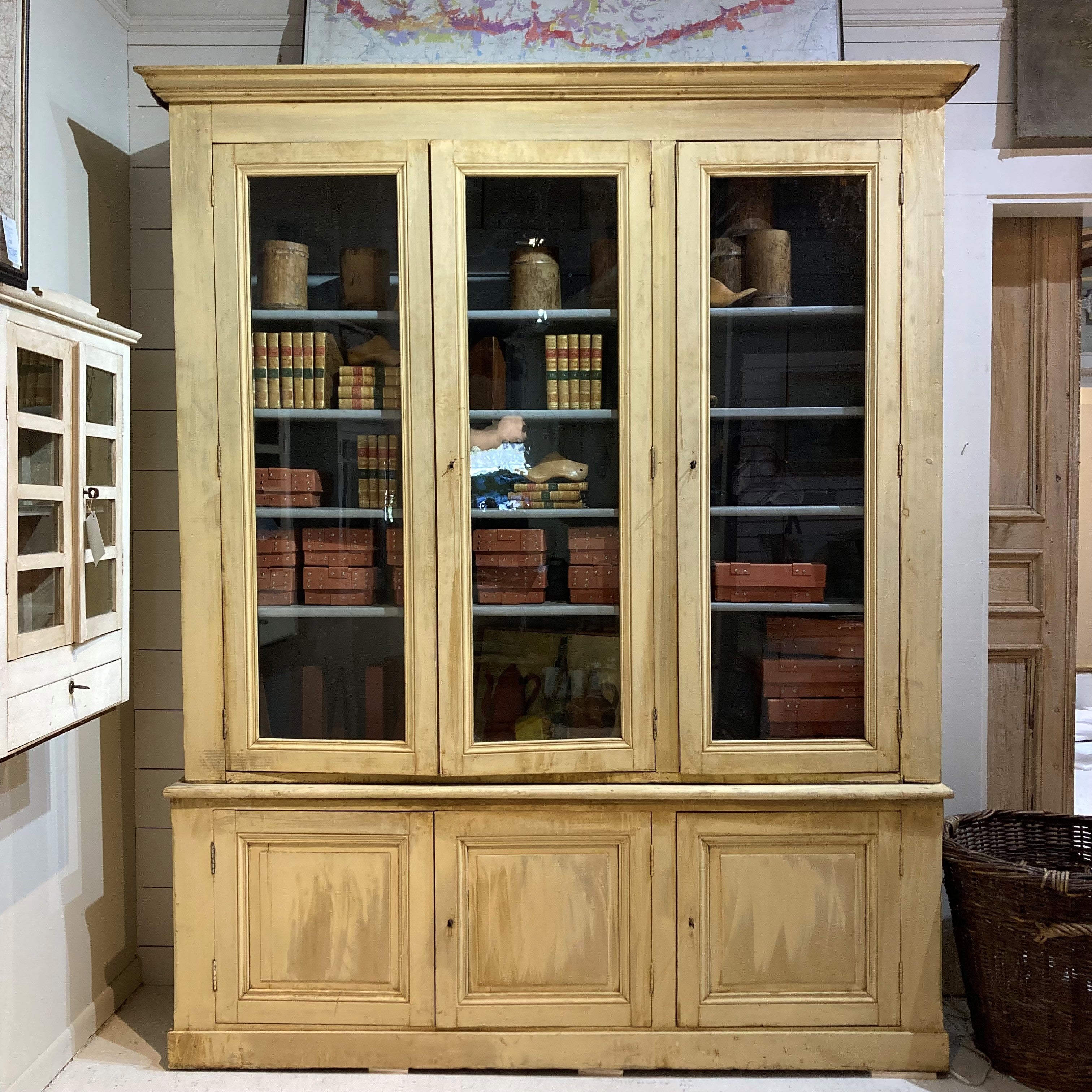 French Ochre Painted Bookcase with Blue Interior