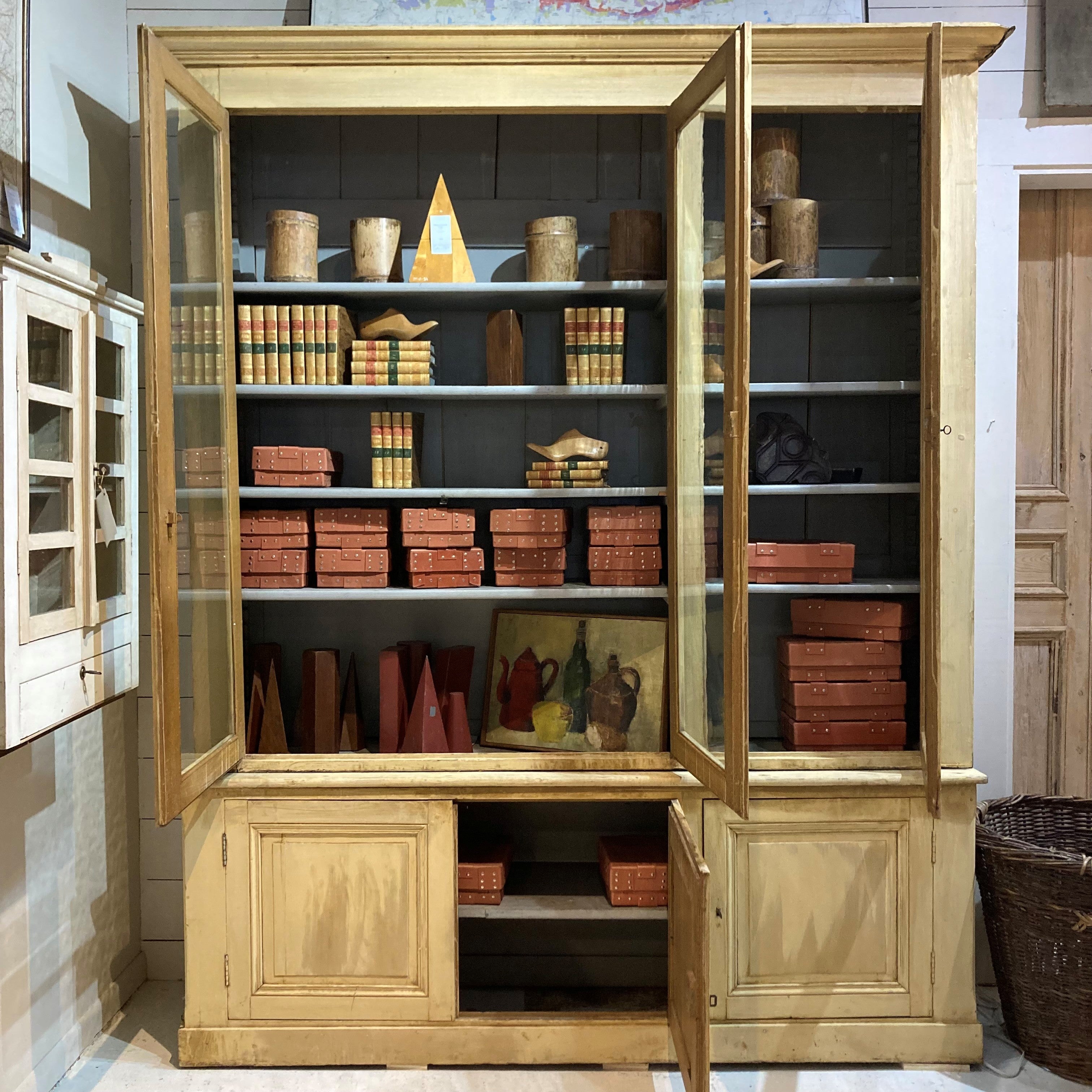French Ochre Painted Bookcase with Blue Interior