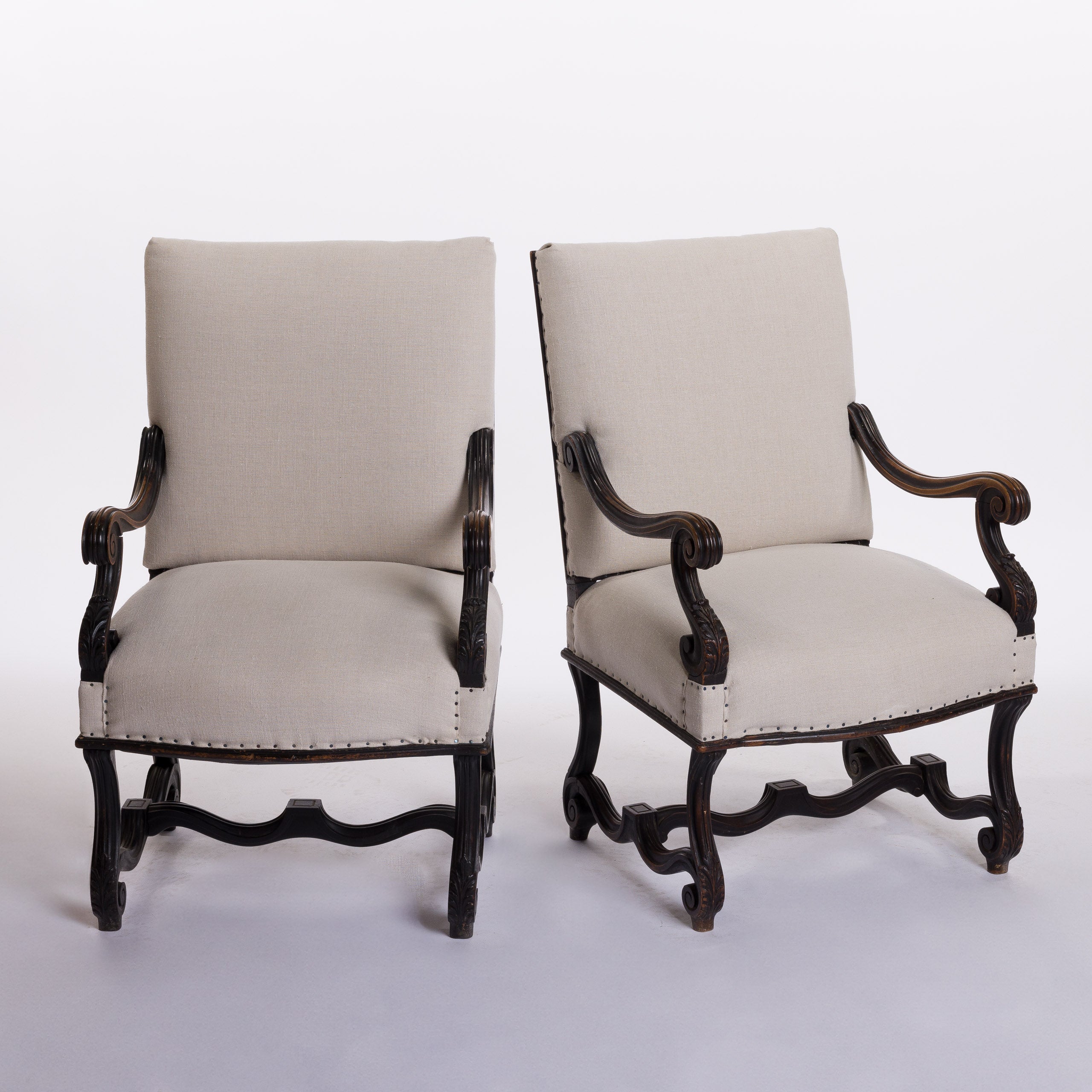 Pair of 19th c French Ebonized Arm Chairs with Refurbished Seat