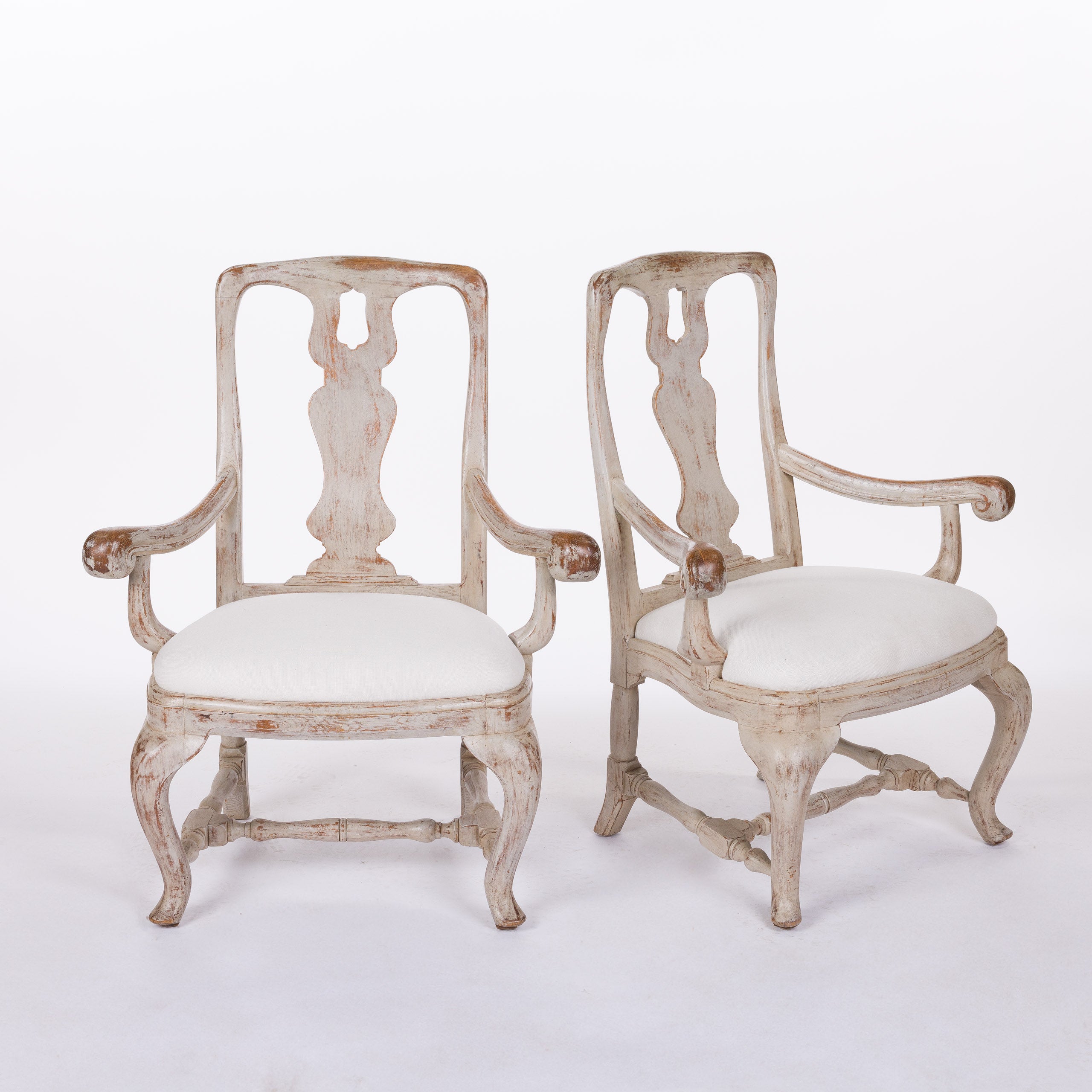 Pair of Swedish Queen Anne Arm Chairs with New Linen Upholstery