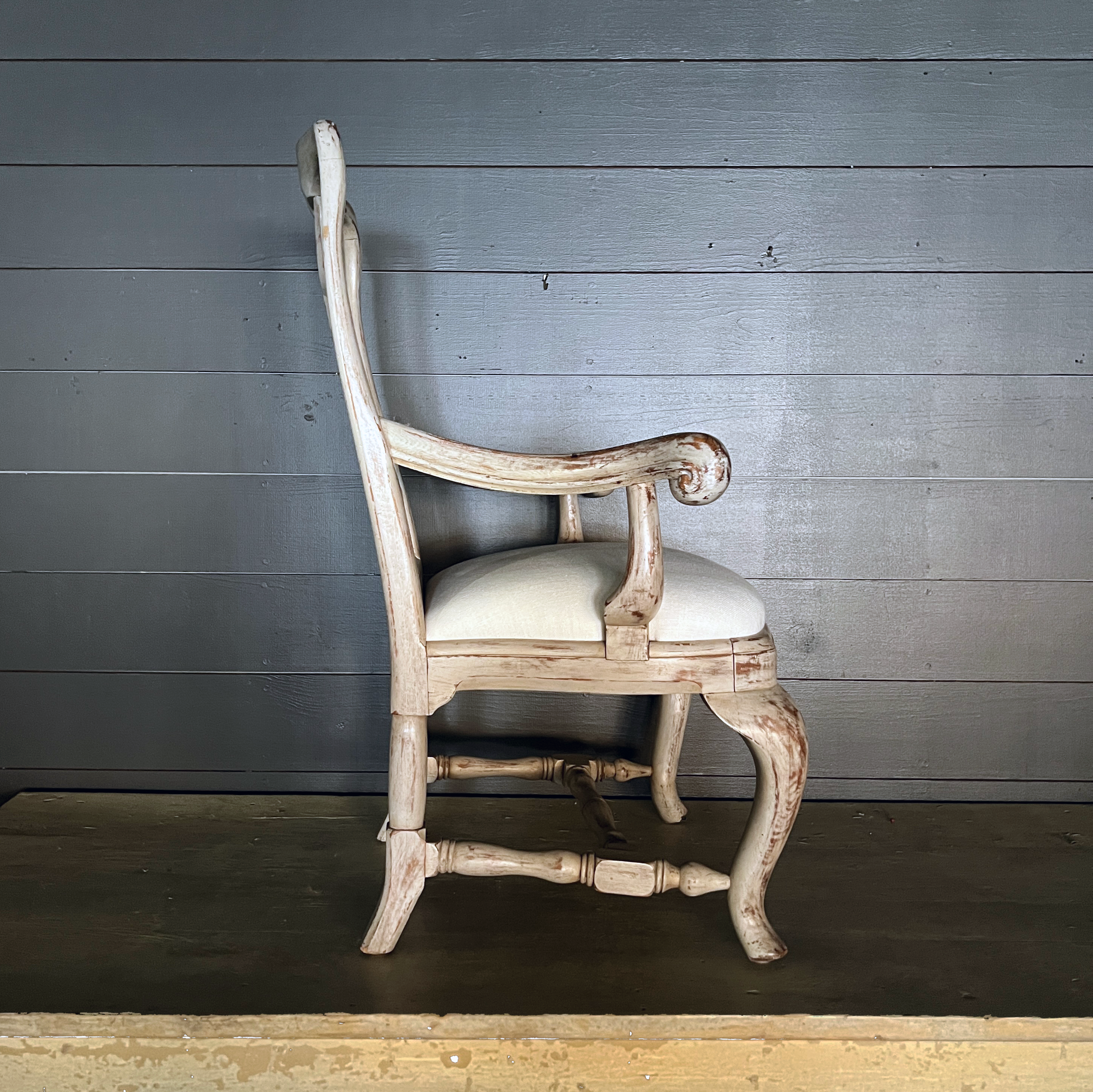 Pair of Swedish Queen Anne Arm Chairs with New Linen Upholstery