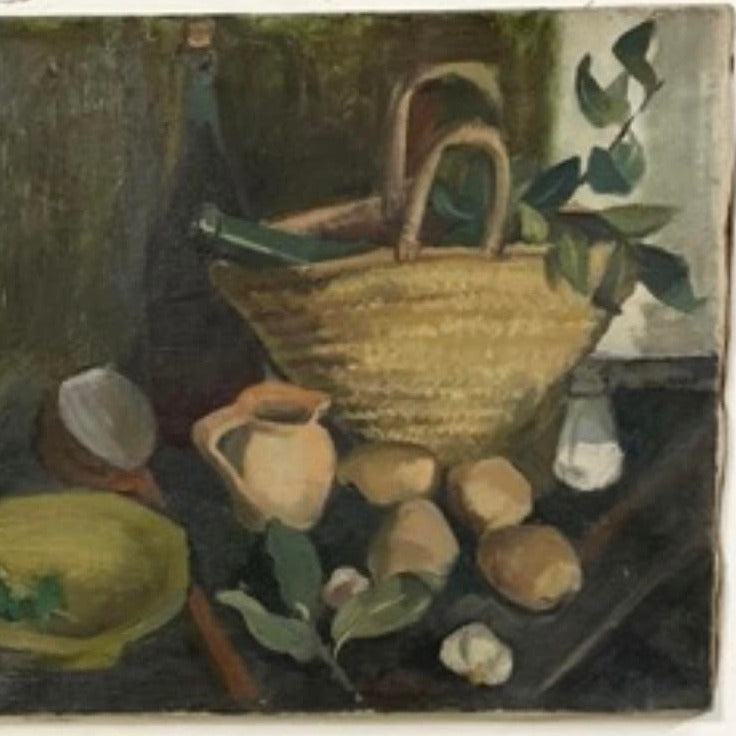 Unframed Oil on Canvas, Basket with Bottle of Wine