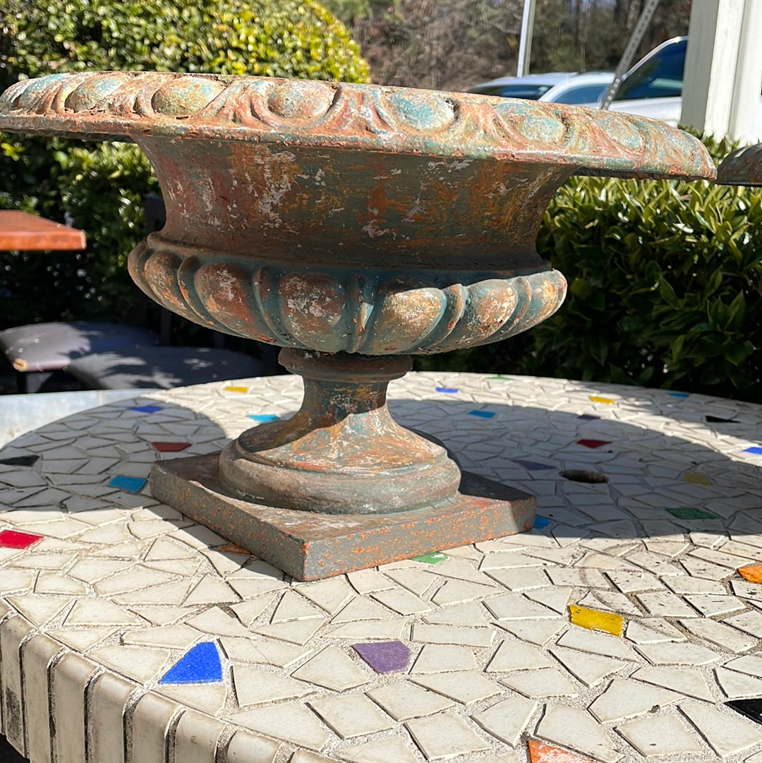 Pair of Green/Blue Cast Iron Medici Urns