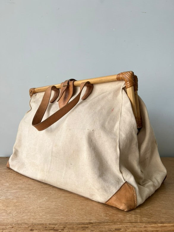 1970s Canvas Leather & Bamboo Bag