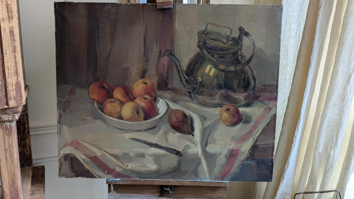 French 1940s Oil on Canvas Tea Kettle and Apples, Signed