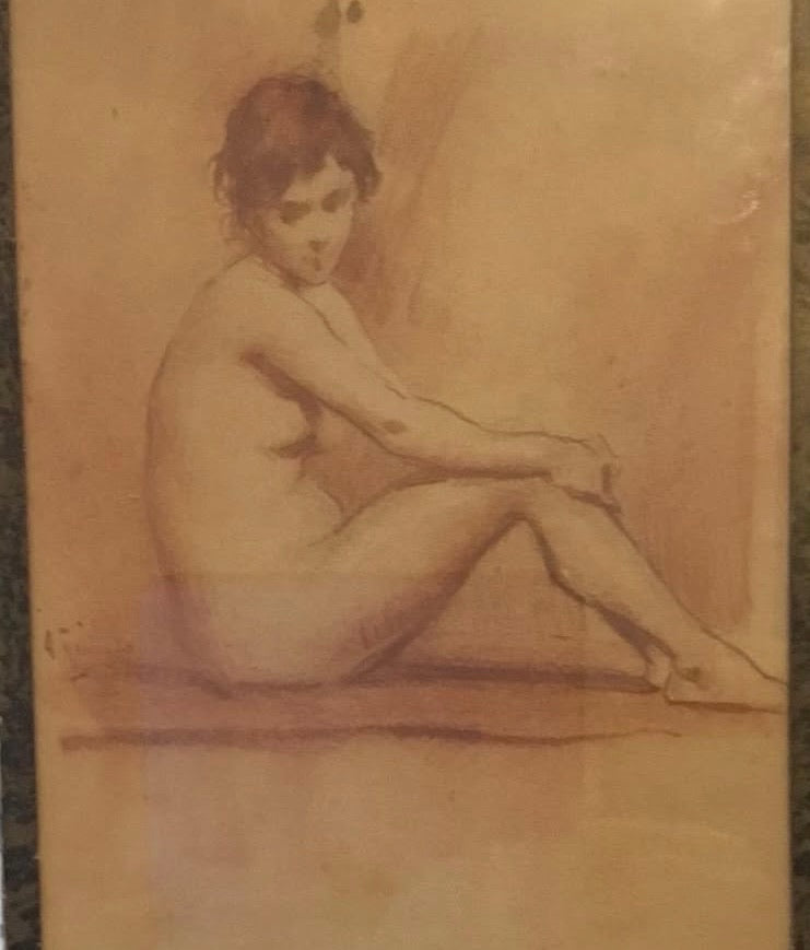 French Signed 19th Century Sanguine Chalk Nude Portrait