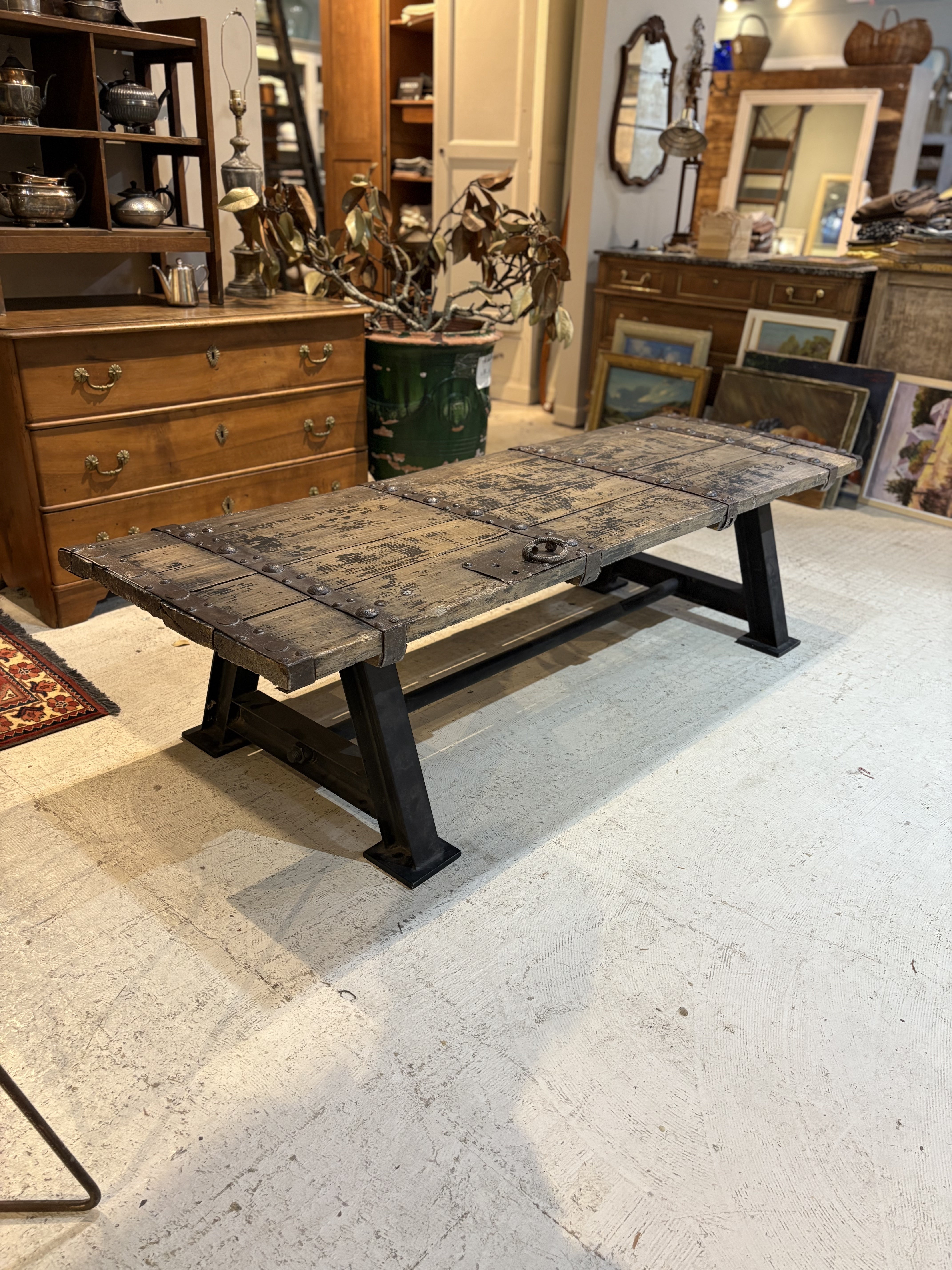 Antique Indian Door Coffee Table with Steel Trestle Base