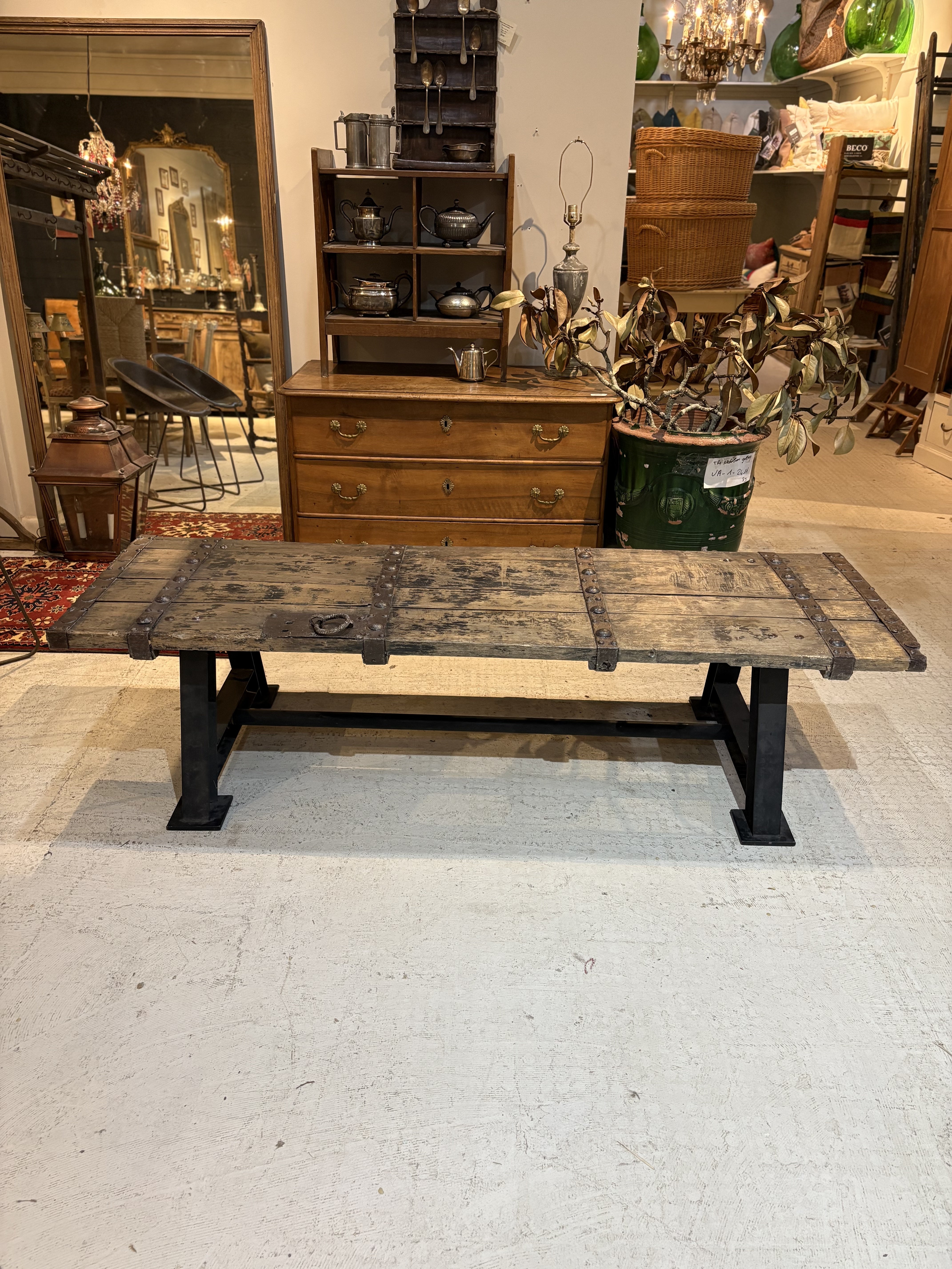 Antique Indian Door Coffee Table with Steel Trestle Base