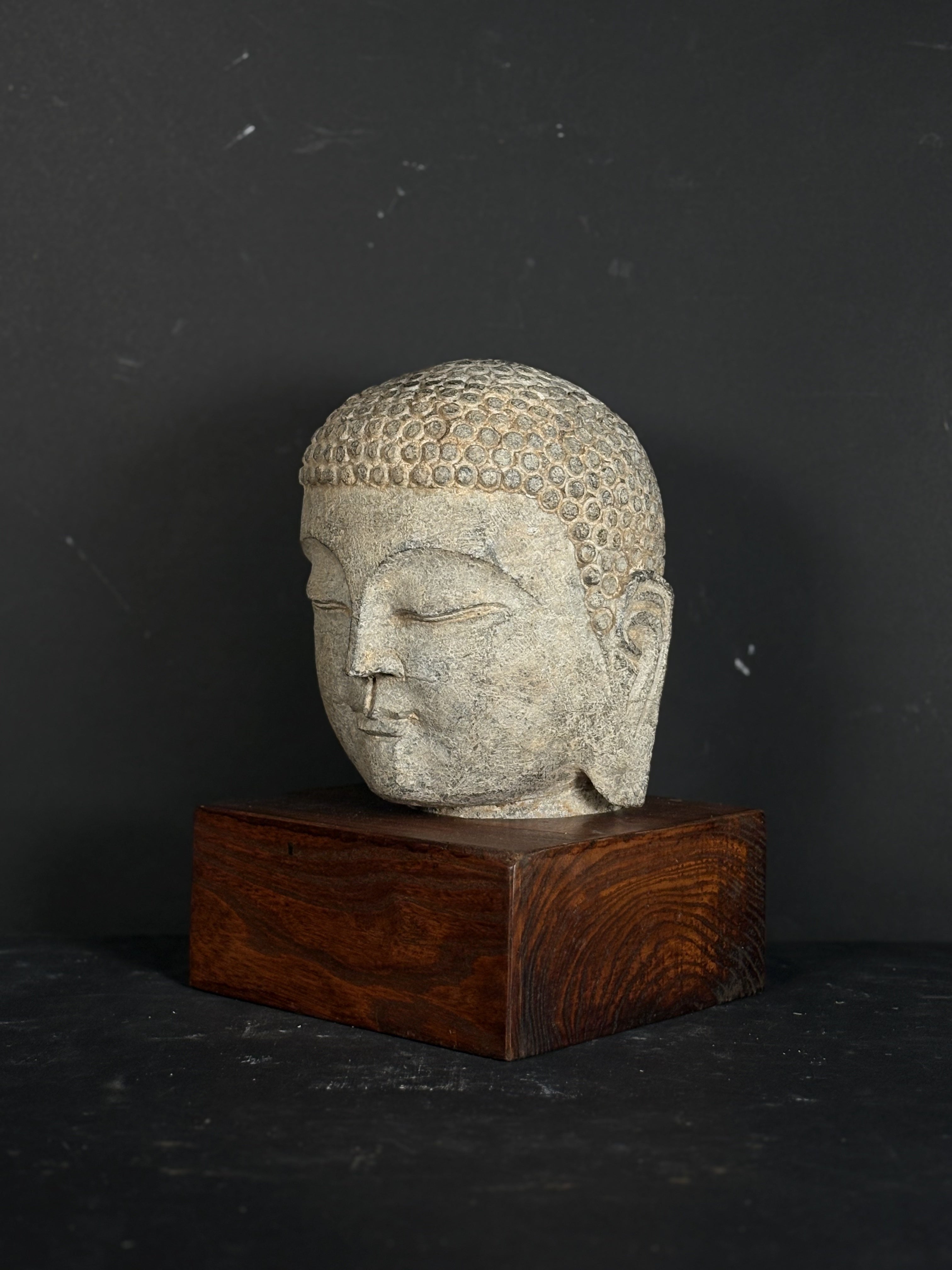 Carved Stone Buddha Head on Stand