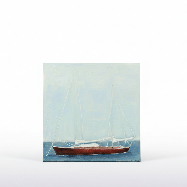 A square canvas painting of a sailboat on blue water under a pale sky, displayed against a neutral gray studio background.