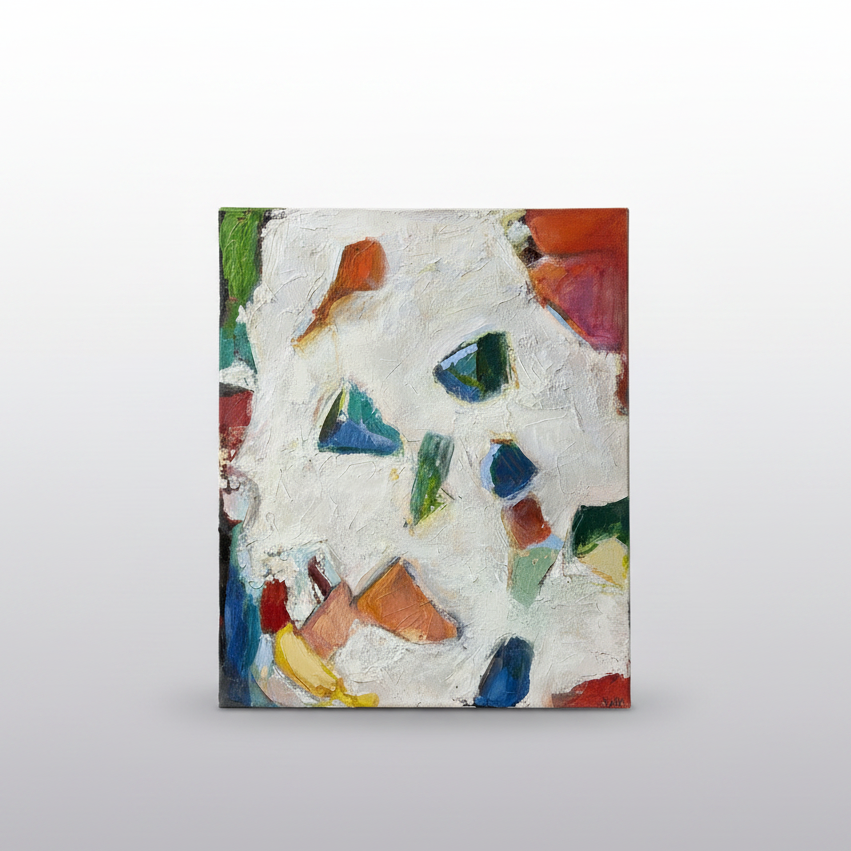 An abstract square painting featuring a textured white background with colorful brushstrokes in blue, green, red, orange, and yellow, displayed against a light gray gradient background.