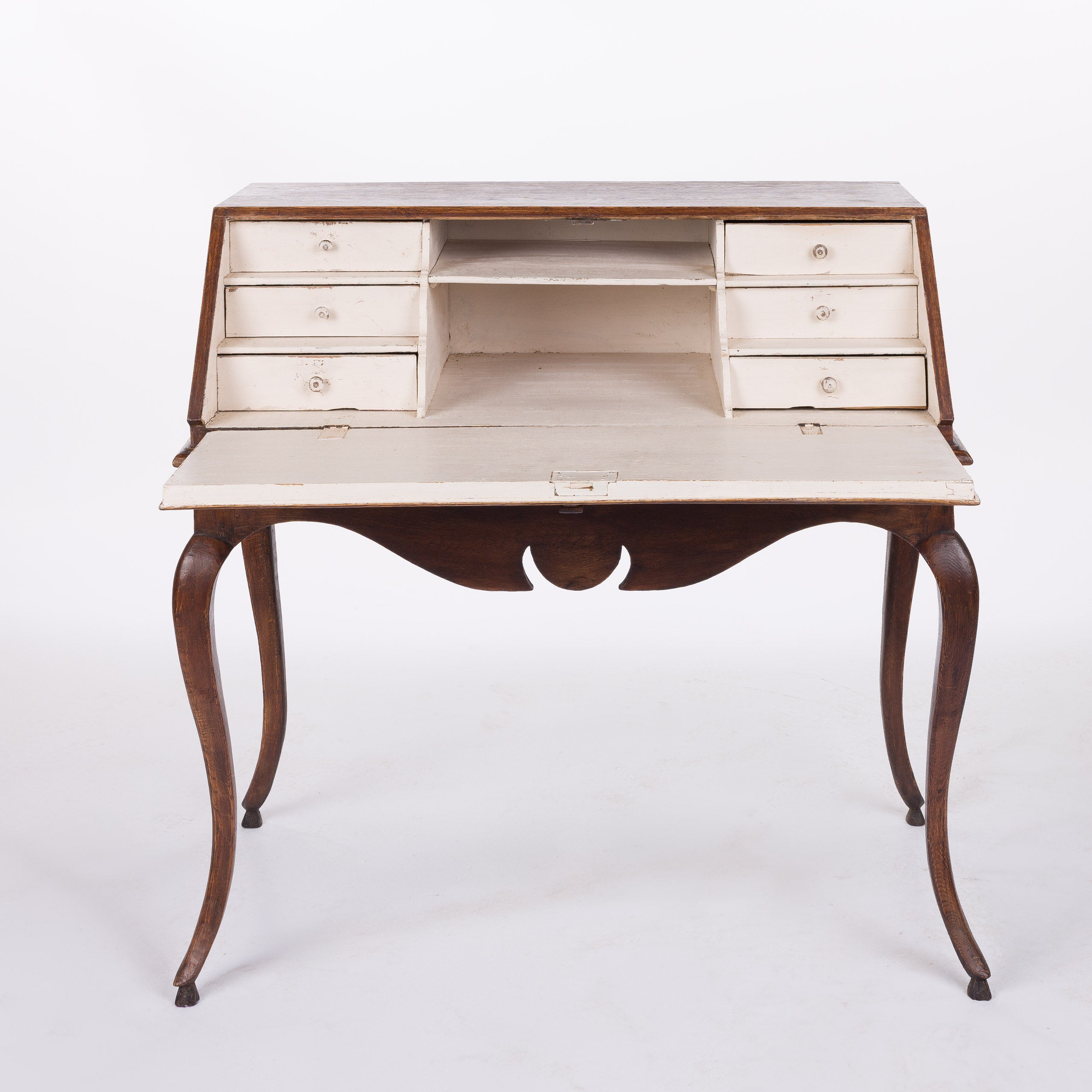 Dark Stained Oak Fall Front Desk with Cream Interior Paint