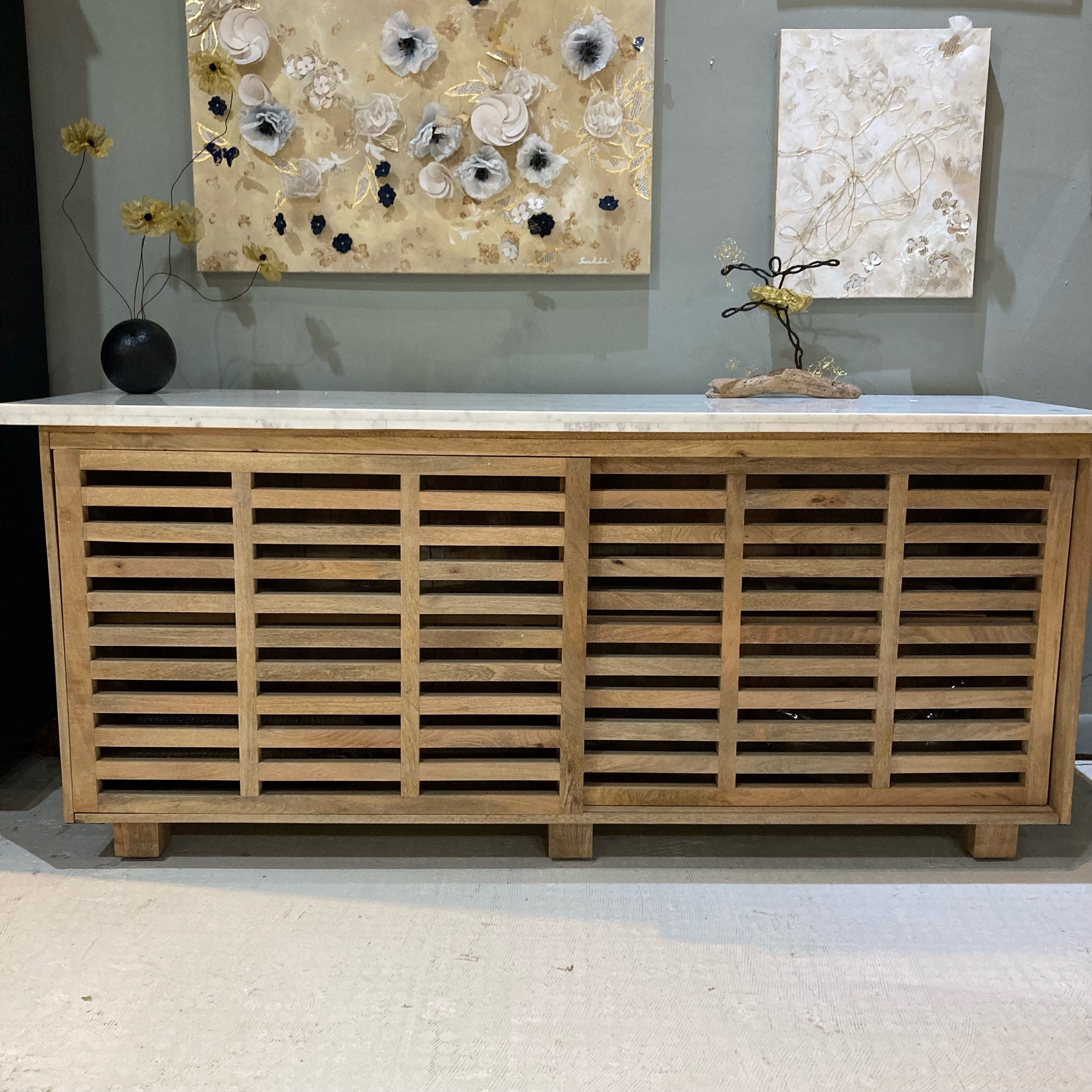 Slatted Wood Enfilade with Marble Top