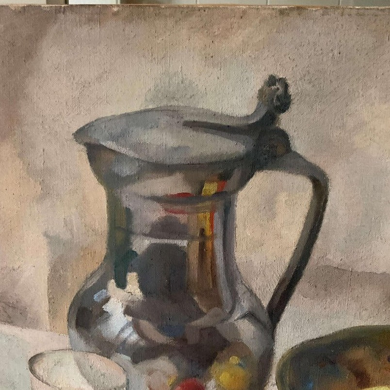 Unframed Oil on Canvas - Still Life with Fruit & Pewter Pot