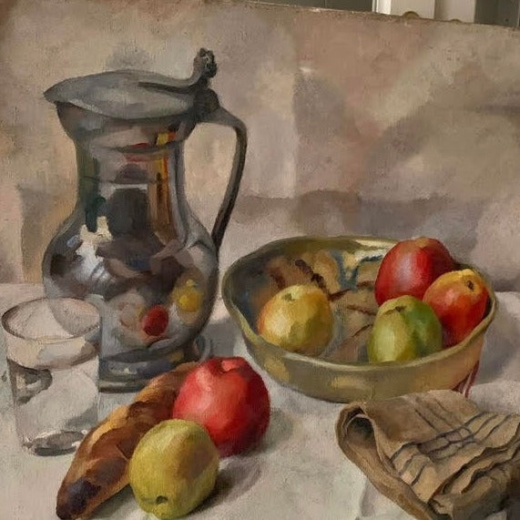Unframed Oil on Canvas - Still Life with Fruit & Pewter Pot