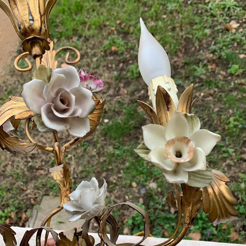 Pair of French Sconces with Porcelain Flowers from 1920