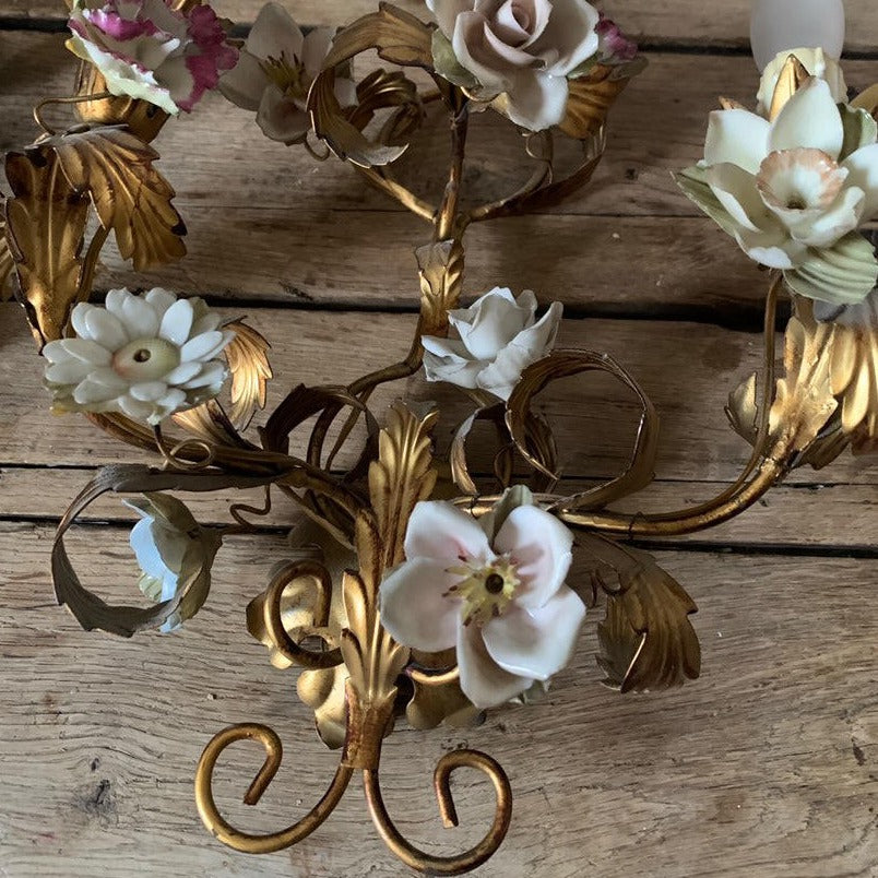 Pair of French Sconces with Porcelain Flowers from 1920