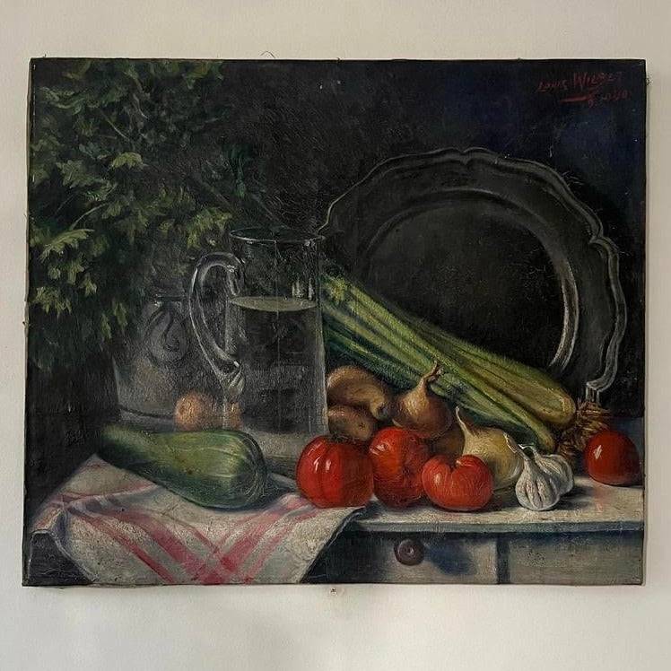Large Unframed Oil on Canvas of Vegetables and Silver Serveware by Louis Wilmet