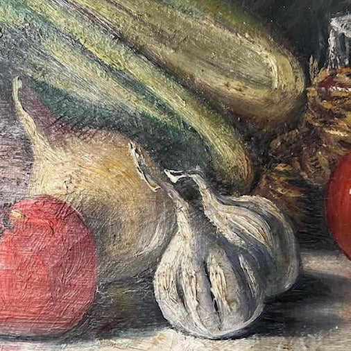 Large Unframed Oil on Canvas of Vegetables and Silver Serveware by Louis Wilmet
