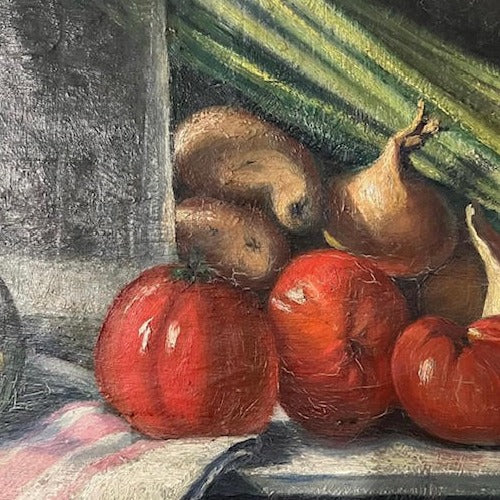 Large Unframed Oil on Canvas of Vegetables and Silver Serveware by Louis Wilmet