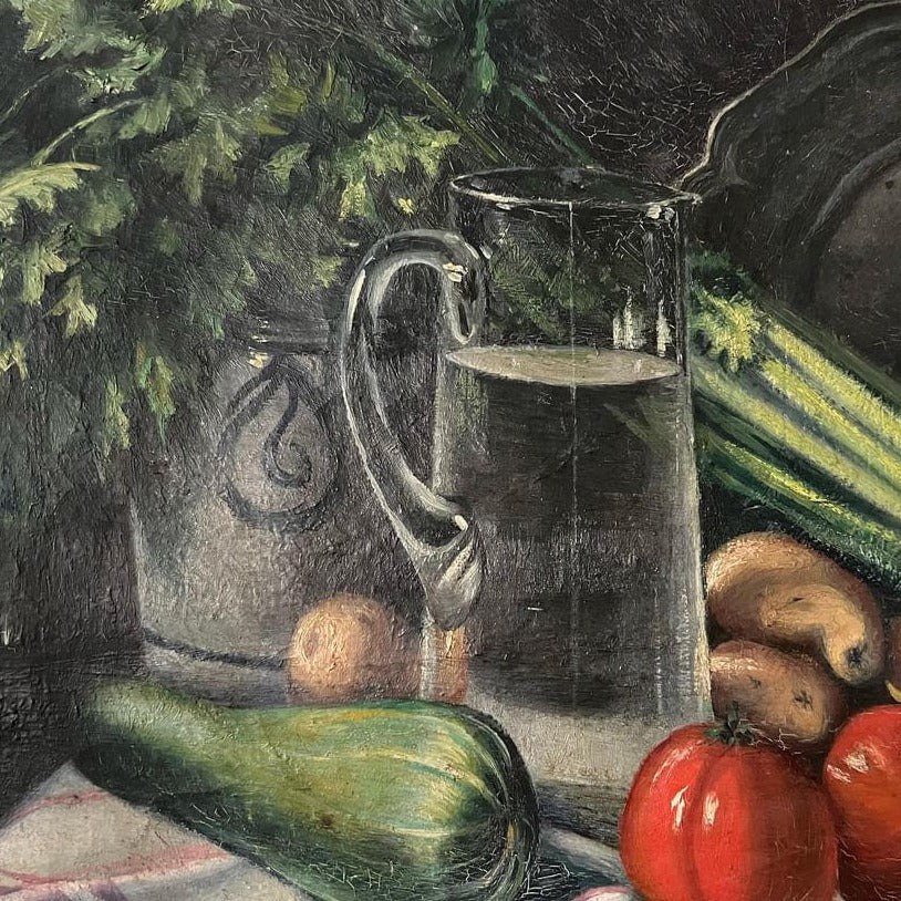 Large Unframed Oil on Canvas of Vegetables and Silver Serveware by Louis Wilmet