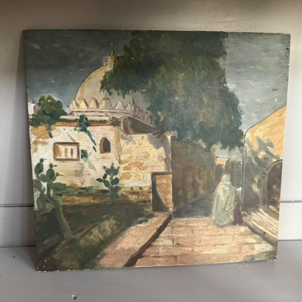Painting of a architectural structure with trees and people on a gray surface