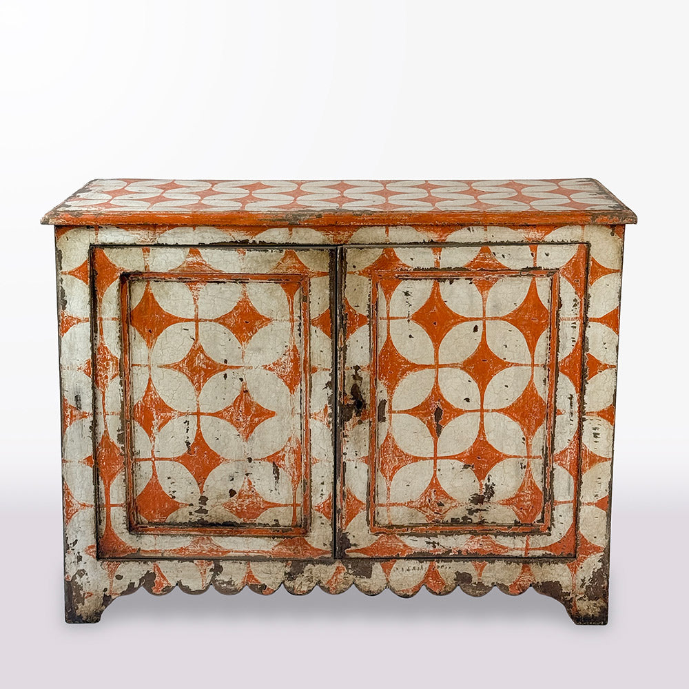 Orange and White Spanish Geometric Painted Cabinet