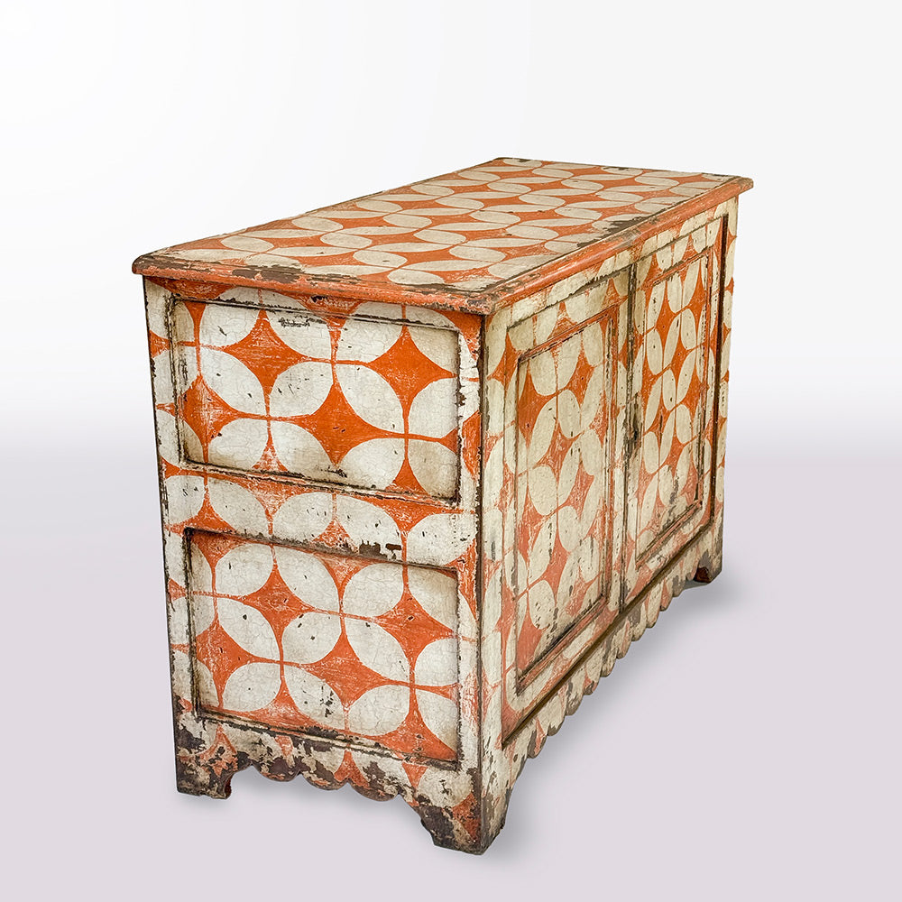 Orange and White Spanish Geometric Painted Cabinet