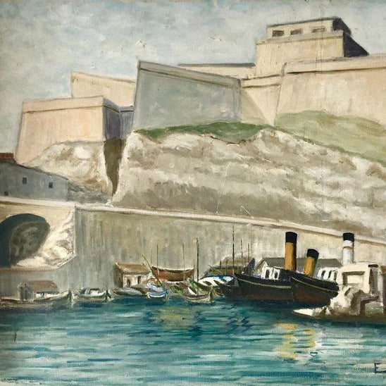 Unframed Oil on Canvas - Boats docked in Marseille