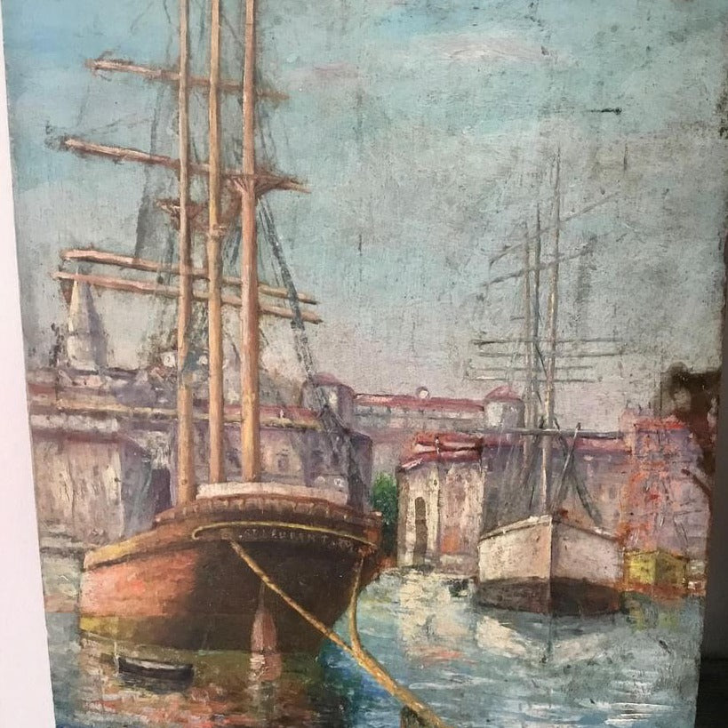 1938 French Unframed Oil on Board - Marseille Port