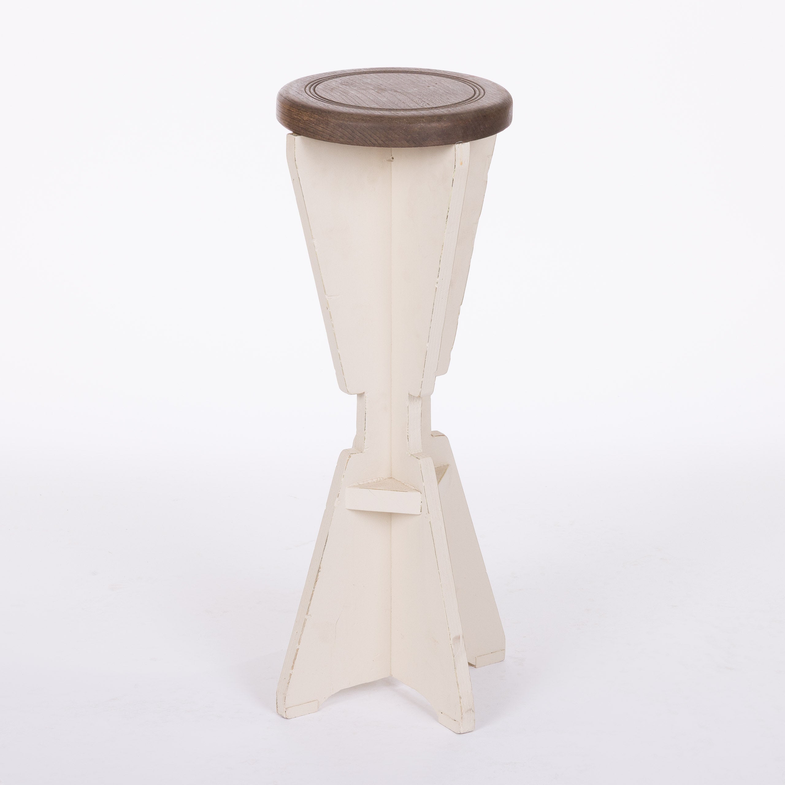 Vintage French Pedestal Table with Cream Painted Base and Natural Top