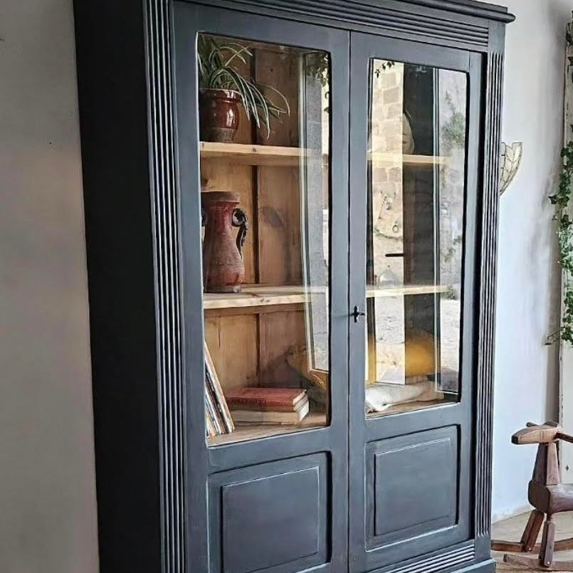 French Black Two-Door Walnut Vitrine