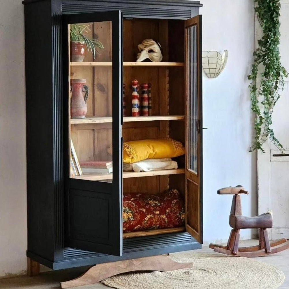 French Black Two-Door Walnut Vitrine