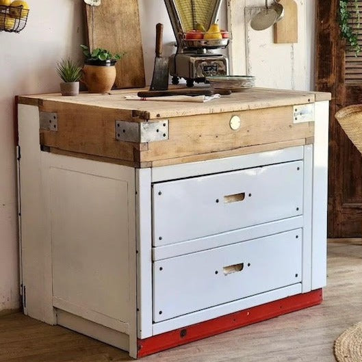 French Butcher Block Table with White Enamel Drawer Faces