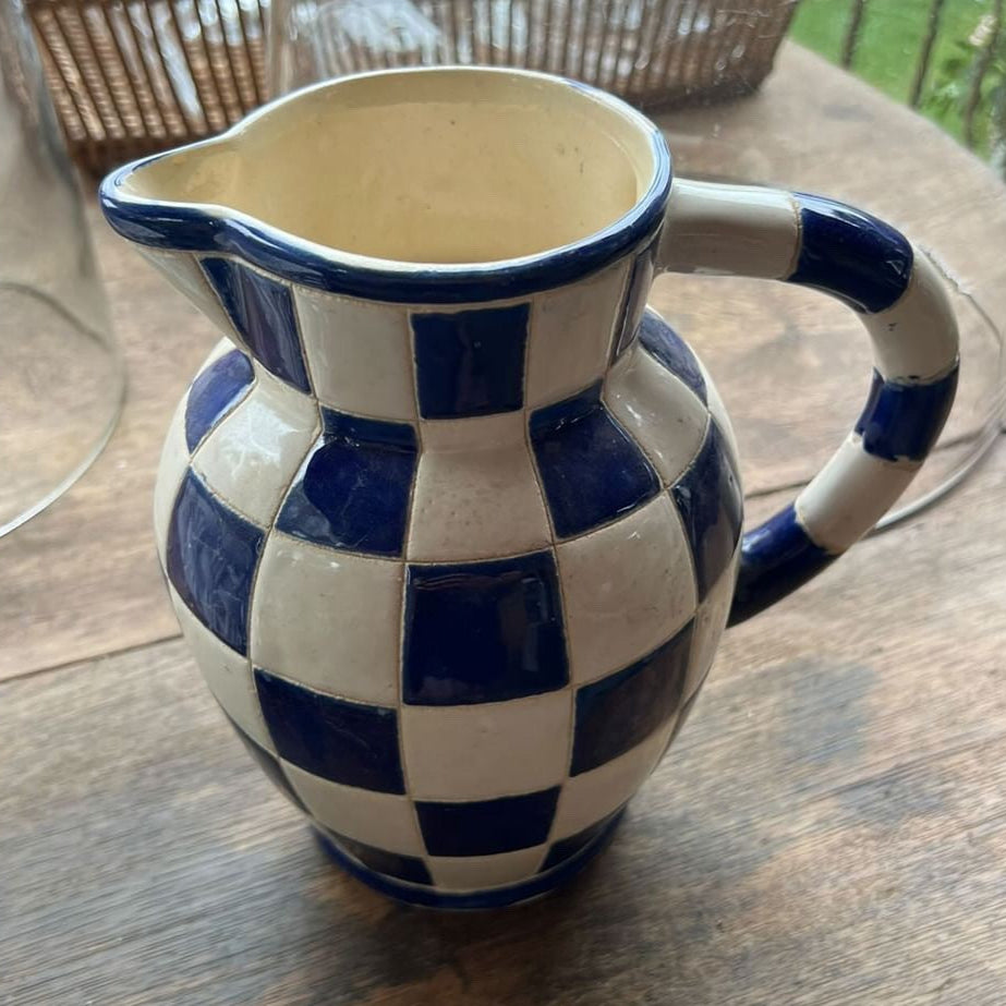 1930s French Blue and White Check Pitcher with Handle