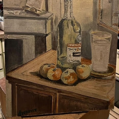 Unframed Oil on Canvas, Apples and Wine