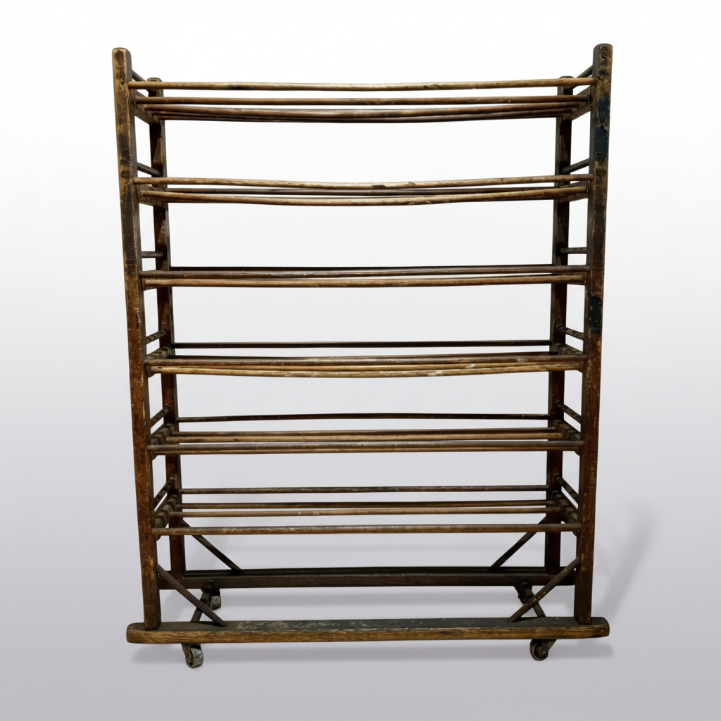 A rustic multi-tier wooden shoe rack with a weathered brown finish and black metal support brackets, standing against a plain off-white wall.