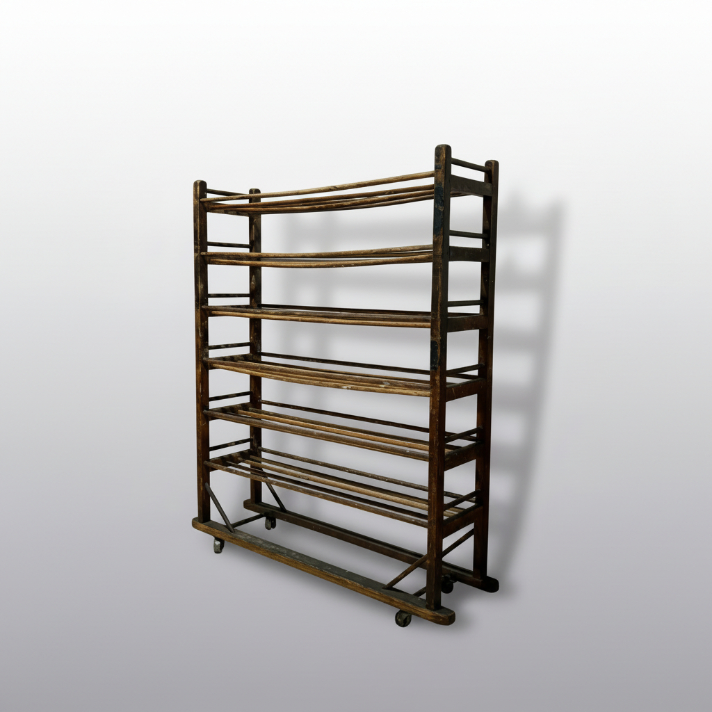 A dark brown wooden rolling shoe rack with multiple tiers and wheels, leaning against a white wall in a room with a concrete floor.