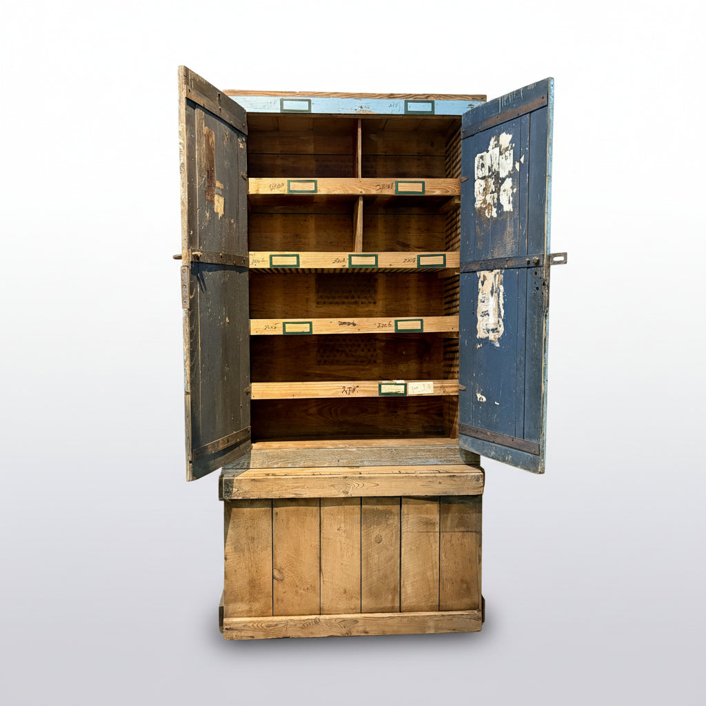Large wooden cabinet with open doors in a rustic setting